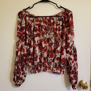 Romantic Open Puff Sleeve Rose Peasant Top
